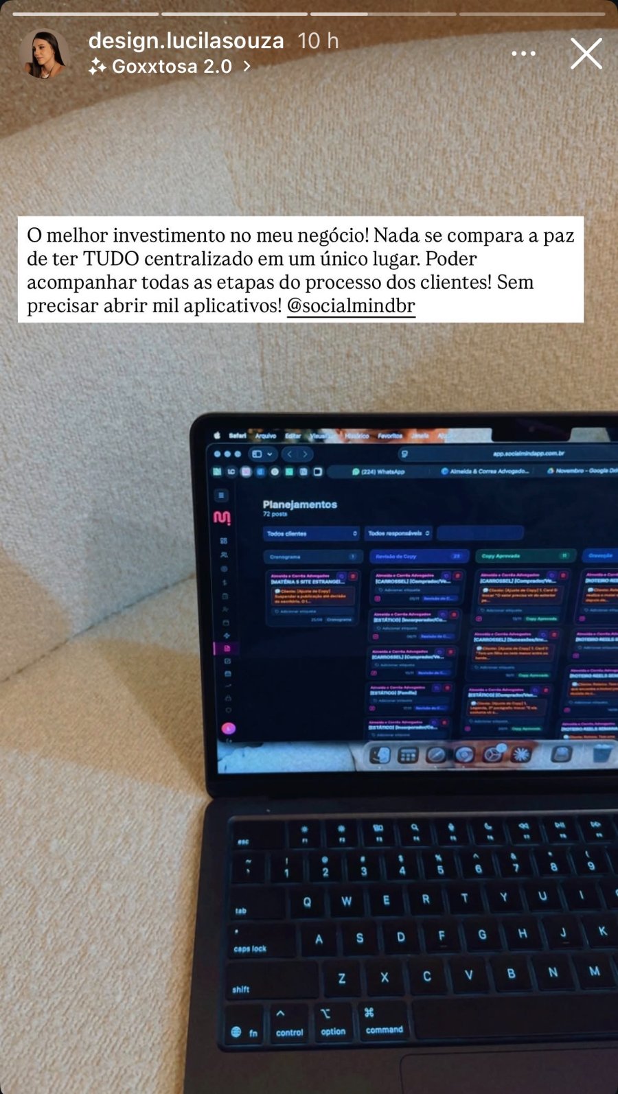 Stories da Lucila Souza falando da SocialMind
