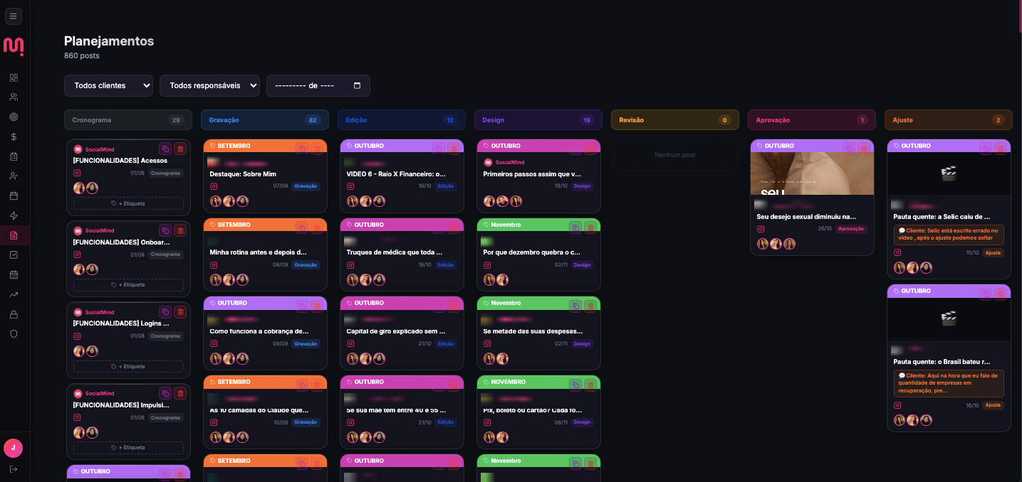 Tela de Planejamentos em kanban